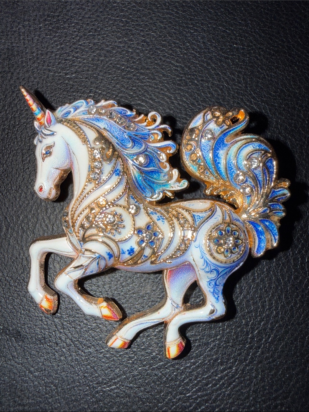 Ornate White and Blue Unicorn Brooch with Gold Accents
